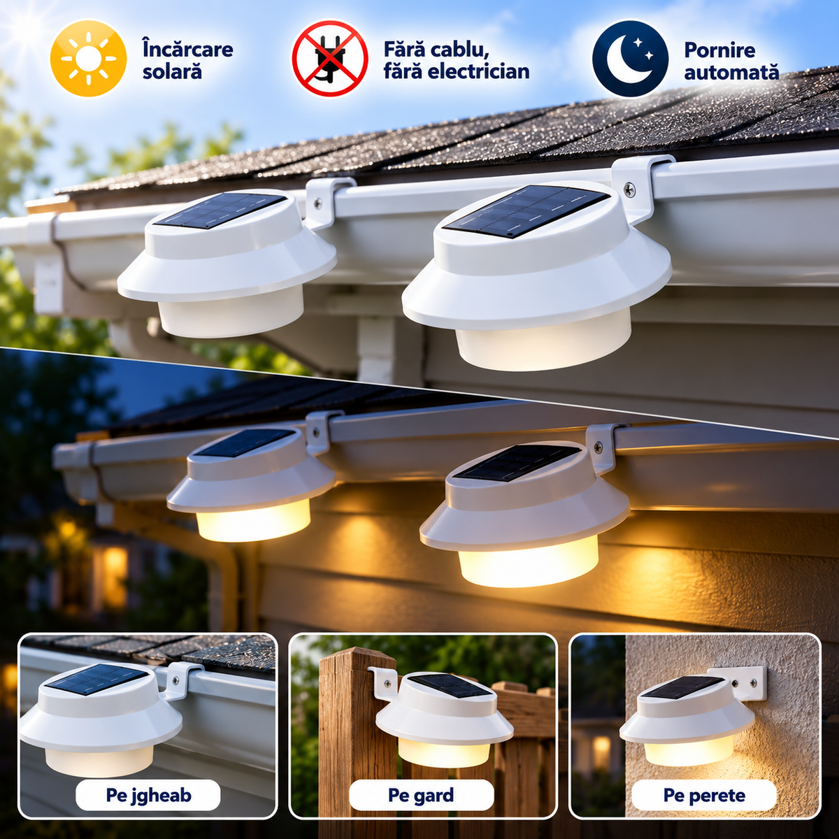 Set 2 Lămpi Solare de Exterior — Prindere pe Jgheab, Gard sau Perete, Fără Cablu și Fără Electrician