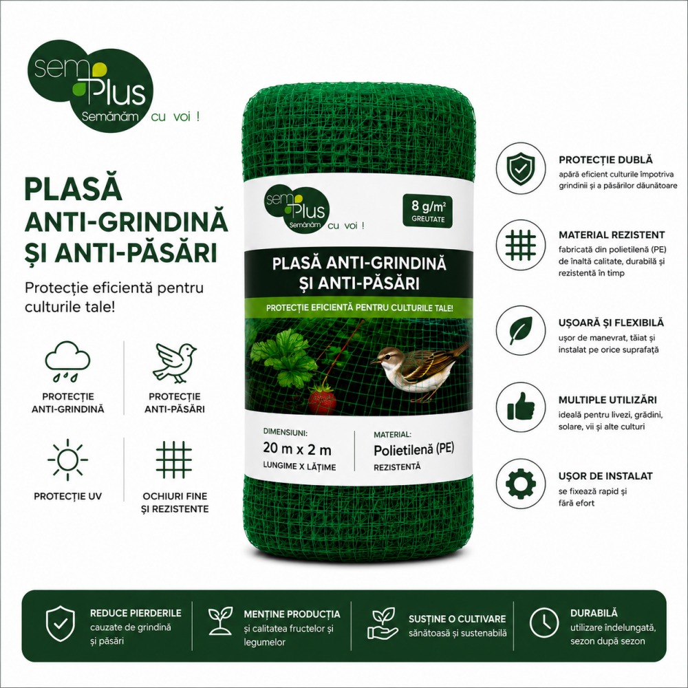 Plasa anti-grindina si anti-pasari lungime 20 metri, latime 2 metri, greutate 8 grame/metru patrat