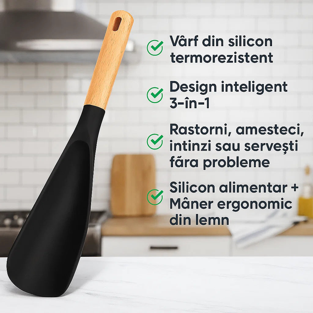 Spatula Multifuncțională din Silicon cu Mâner de Lemn – Aliatul Perfect în Orice Bucătărie
